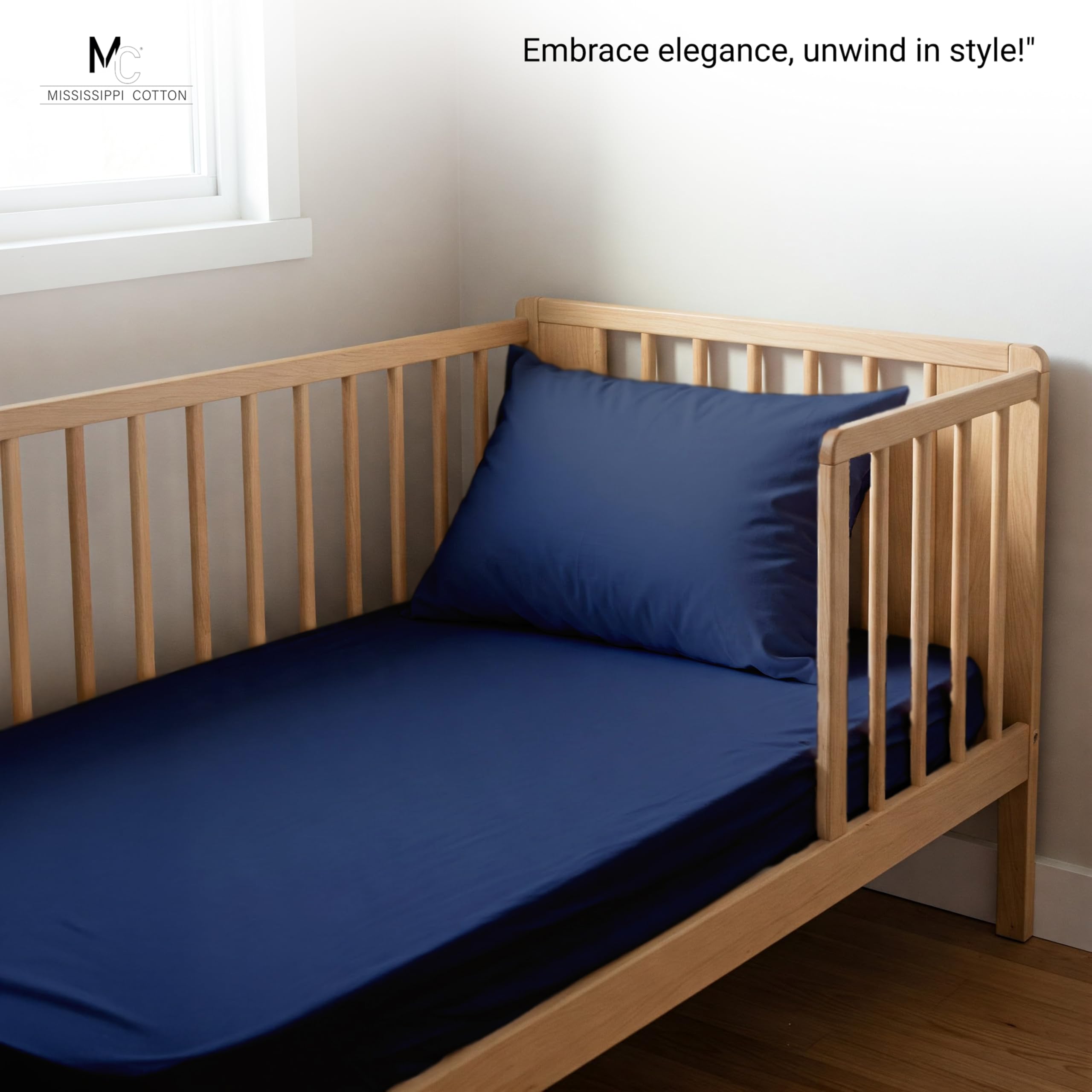 Mississippi Cotton 100% Cotton Toddler Sheet Set – 3-Piece Soft & Breathable Bedding – Fitted Sheet, Elasticized Flat Sheet & Envelope Pillowcase – Mini Crib & Toddler Bed Sheets (Navy Blue)