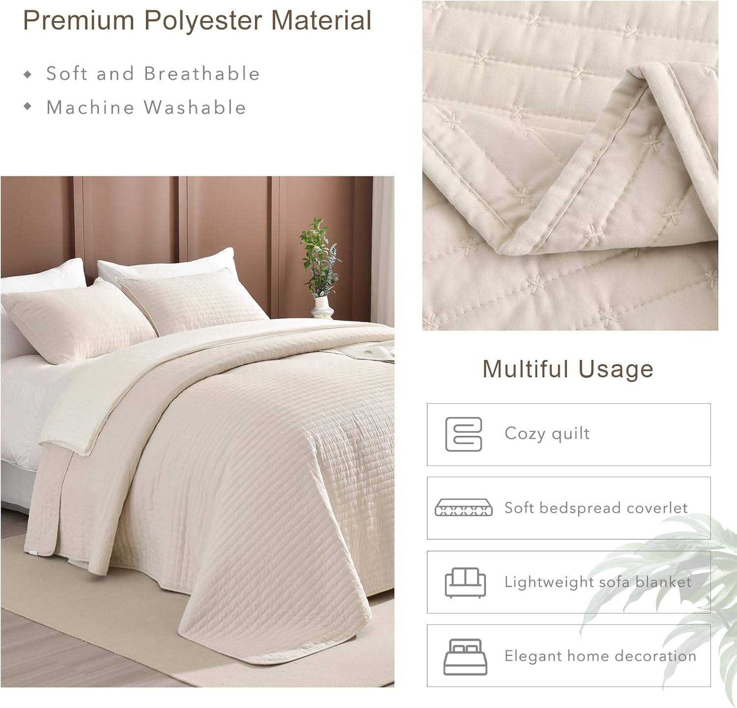 Masaca Oversized King Bedspread 128"x120",Wheat King Quilt Bedding Set Oversized,3 Pieces Soft Lightweight Extra Large Farmhouse Bedspread & Coverlet Sets