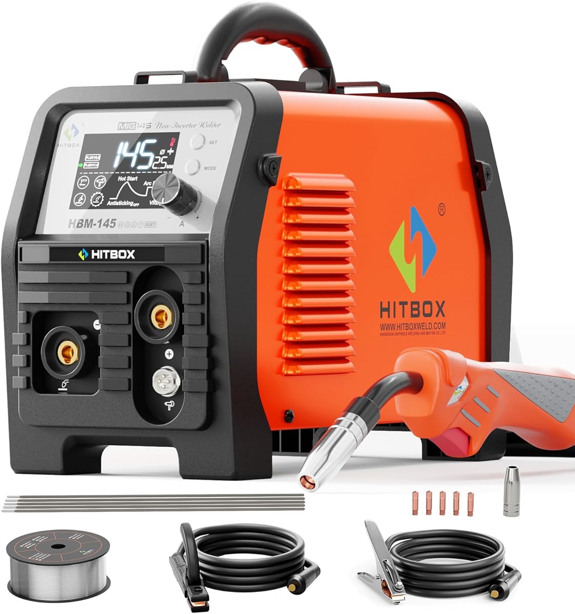 HITBOX 145A 4-in-1 Portable MIG Welder – 240V Gasless Digital Inverter with LED Display – MIG/ARC/Lift TIG/Spool Gun Flux Core Welding Machine – Ideal for Carbon Steel, Iron & Stainless Steel(HBM145)