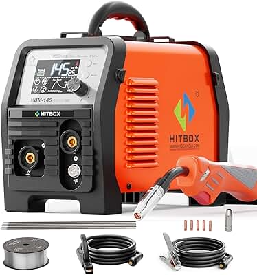 HITBOX Máquina de Soldar 145A 220V 4 en 1 Soldador de Hilo Sin Gas (MIG/MMA E-Hand/LIFT TIG/Spool Gun) Soldadora Inversor IGBT,Pantalla LED Acero al 0.8-1.0mm para Soldar Aleación, Acero, Hierro