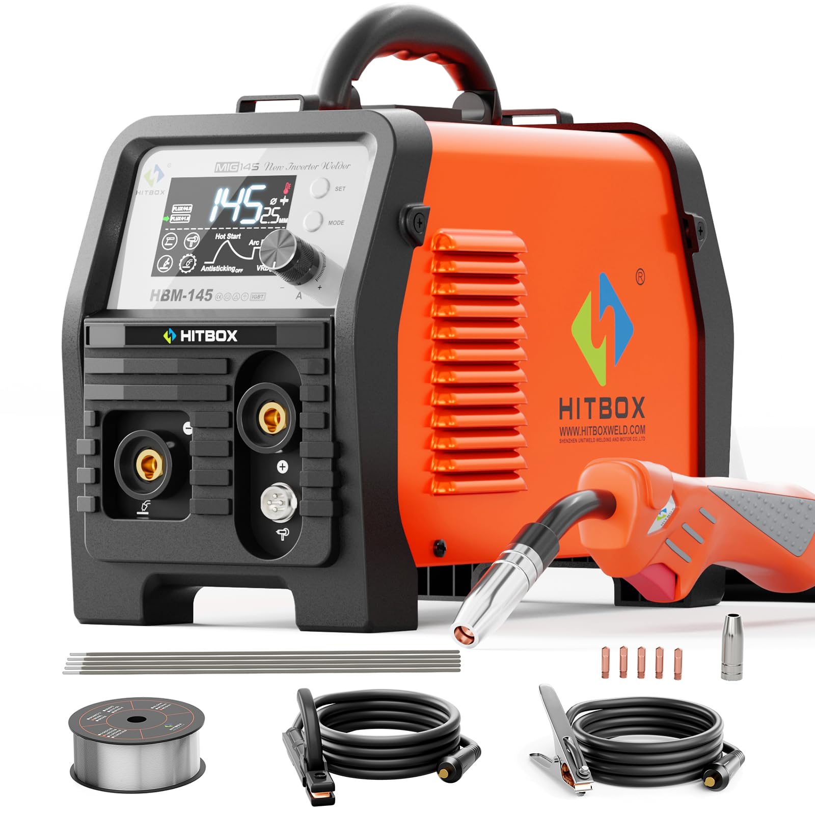 HITBOX Welding Machine 145A 230V 4 in 1 Gas Free Wire Welder (MIG/MMA E-Hand/LIFT TIG/Spool Gun) IGBT Inverter Welder Welder, LED Display Steel 0.8-1.0mm for Welding Alloy, Steel, Iron