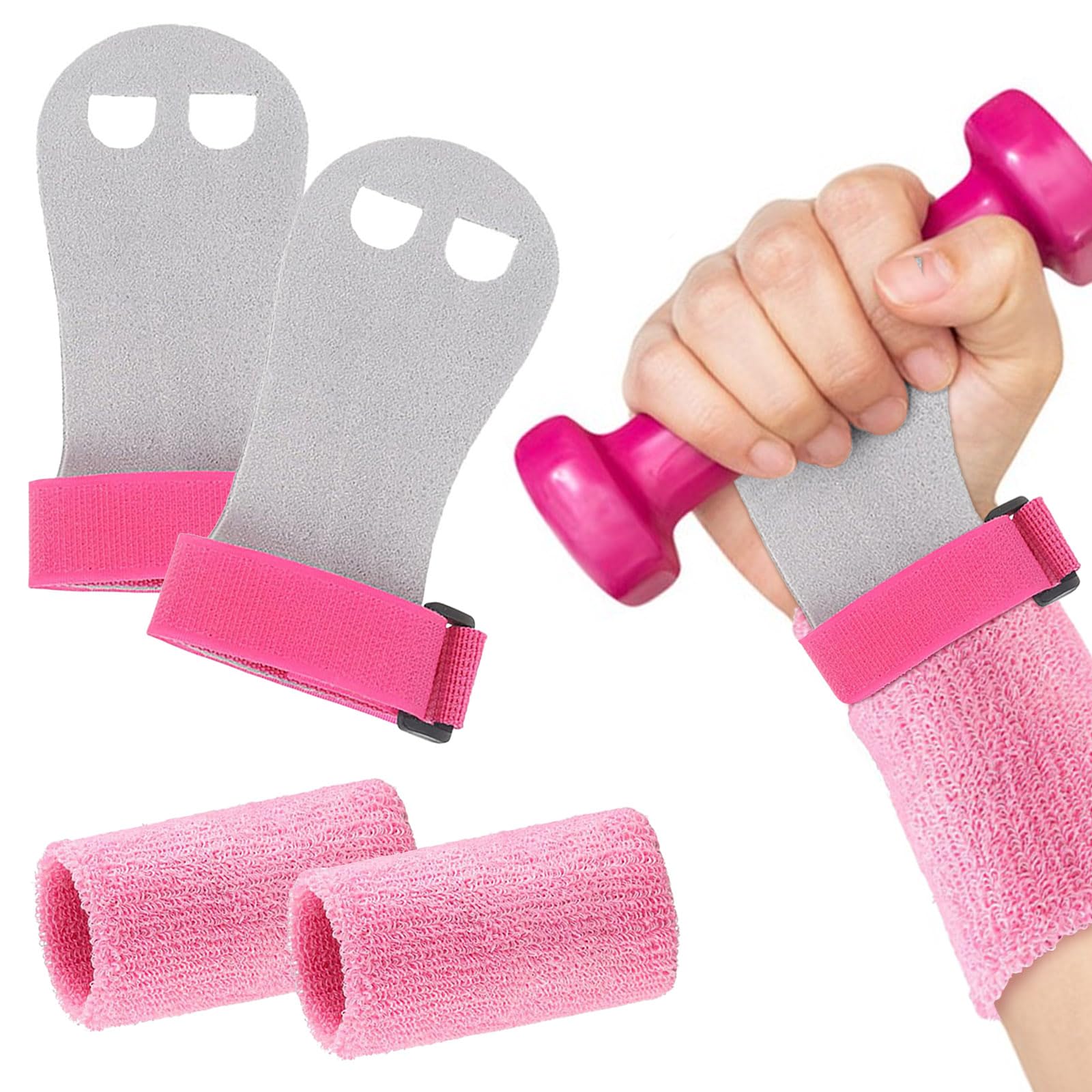 Feibety 4 Pcs Gymnastics Hand Grips & Wrist Support Set - with Pink Sweatbands for Palm Protection - Ideal for Kids, Girls Training, Kettlebells, Tennis & Workout
