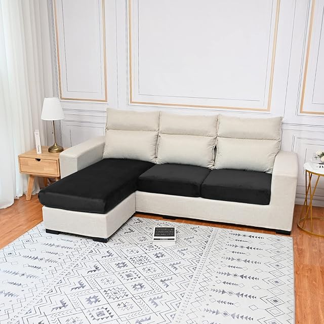 Velvet Sofa Seat Cushion Cover, 1/2/3/4 Seaters L-Shaped Couch Seat Slipcover, Furniture Protector Cover Separated (Black,1 Seater)