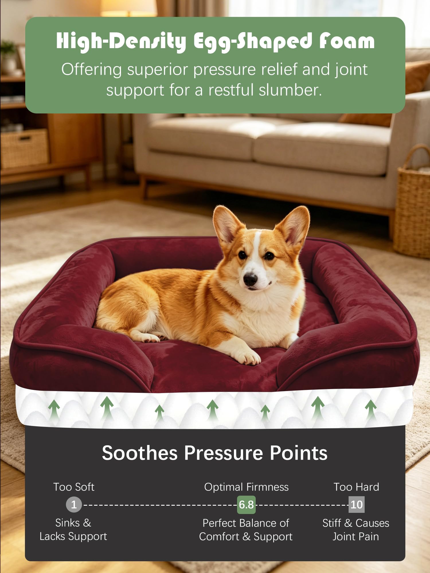 Spotted Play Orthopedic Dog Bed with Sides - Sofa Beds for Medium Dogs, Supportive Foam Pet Couch Bed with Washable Removable Cover, Waterproof Lining and Non-Slip Bottom, Burgundy - M view 4