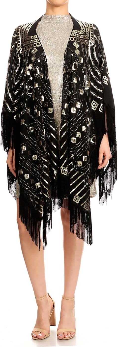 Anna-Kaci Womens Oversized Gatsby Hand Beaded Fringed Sequin Evening Shawl Wrap