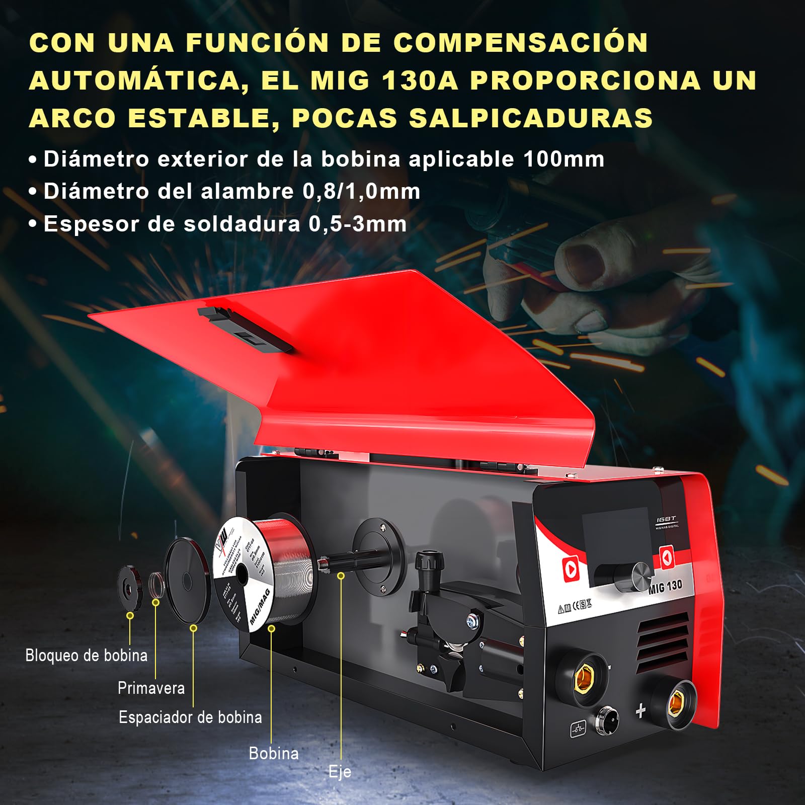 VECTOR WELDING Soldador de Hilo sin Gas 130 A, Máquina de Soldar Interver | Soldadura con Electrodo, Tecnología IGBT, Pantalla LED Digital, Incluye Hilo Tubular de 1,0 mm, para Hogar y Principiantes