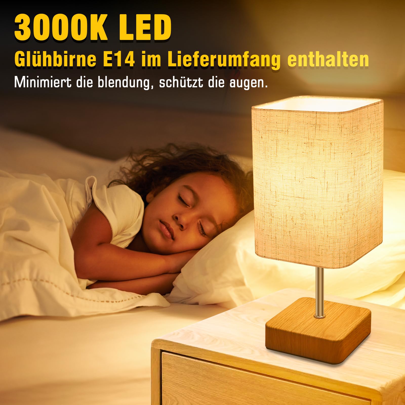 Jayencer Lampka nocna dotykowa, ściemniana, zestaw 2 sztuk, lampa stołowa, ściemniacz dotykowy, trzy poziomy jasności, abażur z tkaniny lnianej, lampa stołowa do sypialni, salonu, biura