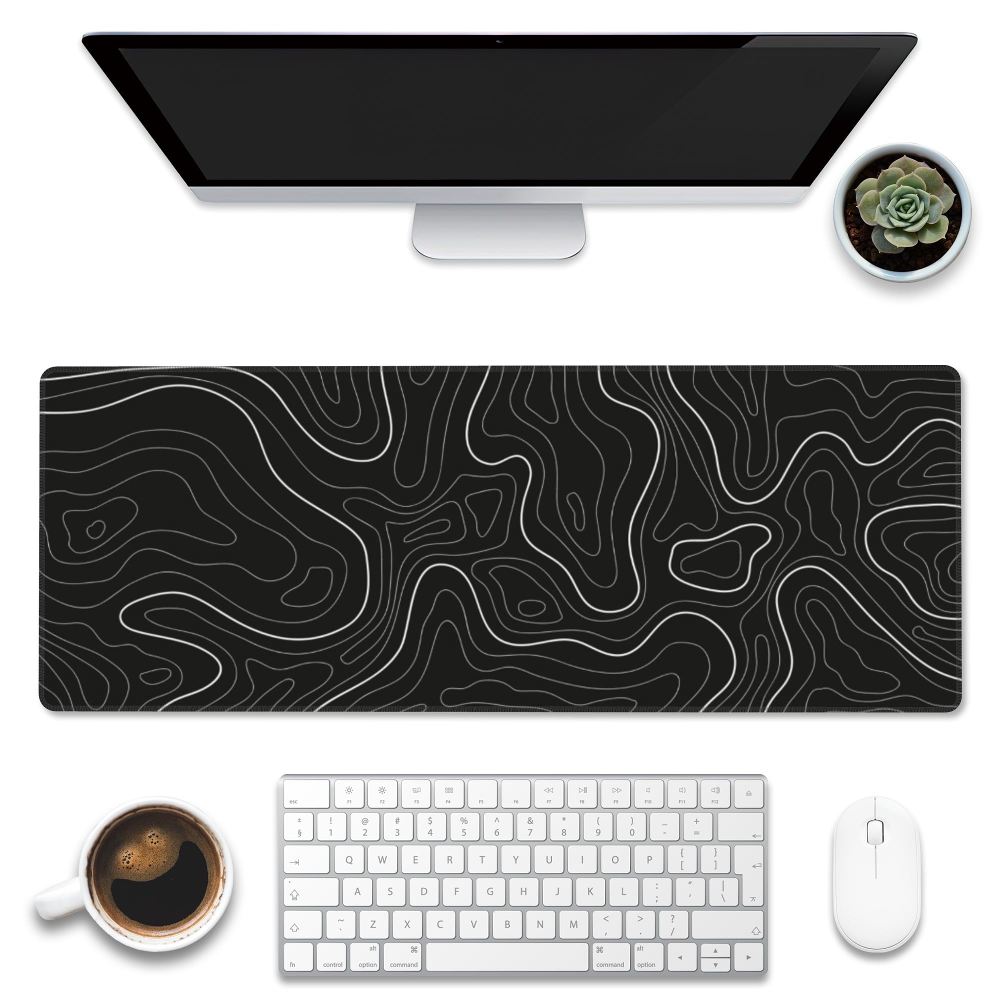 Eflxamz Desk Mat,Black Topographic Contour Map Desk Pad,Topographic Contour Large Gaming Mouse Pad for Desk,Extended Big Computer Keyboard Mouse Pad