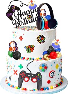 LaVenty decoración de pasteles temática de videojuegos diadema controlador adornos para fiesta de cumpleaños color rojo