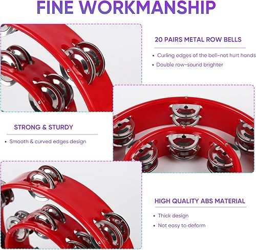 Miniatura 4 de Pandereta instrumento musical para adultos, panderetas de 10 pulgadas, media luna con agitadores de huevos, jingles de metal de doble fila,