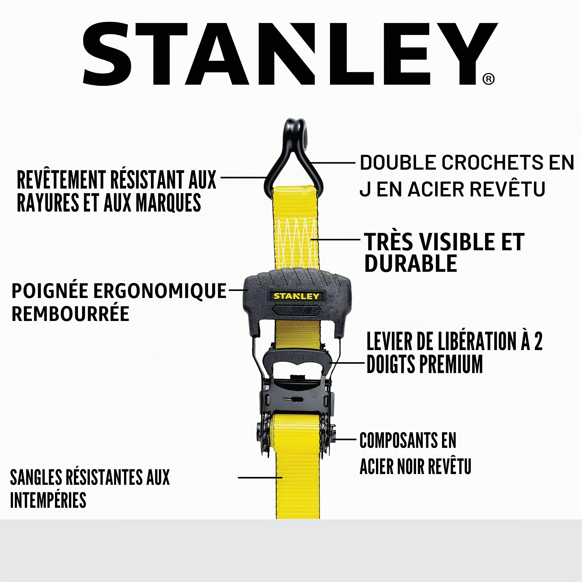 STANLEY S10074 Lot de 4 Sangles d'arrimage à cliquet 3,8 cm x 4,88 m - pour sécurisation de Charges Lourdes (résistance à la Rupture de 1 500 kg) – Noir/Jaune