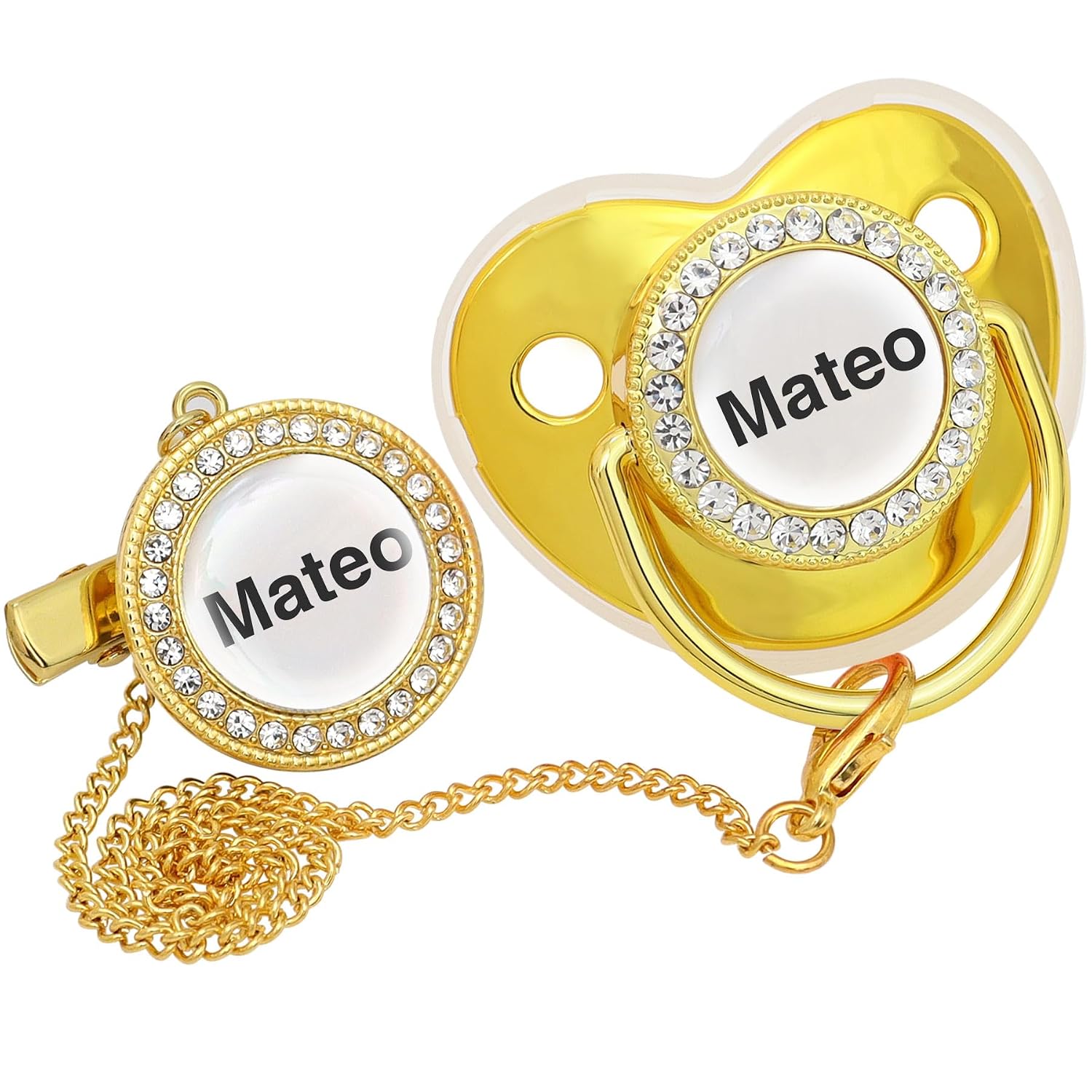 Personalized Pacifier with Name, Bling Gold Pacifier Clip Set Storage Box, Customized Halloween and Christmas Glitter Crystal Luxurious Soother Ideal Gift for Baby Shower Photography Newborn (Pink)