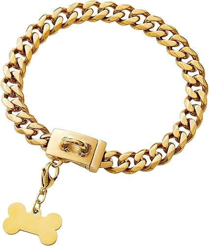 Miniatura 3 de Collar de perro de acero inoxidable, collar de joyería de bulldog con encanto, impermeable, oro rosa, negro, plateado, collar de perro cubano