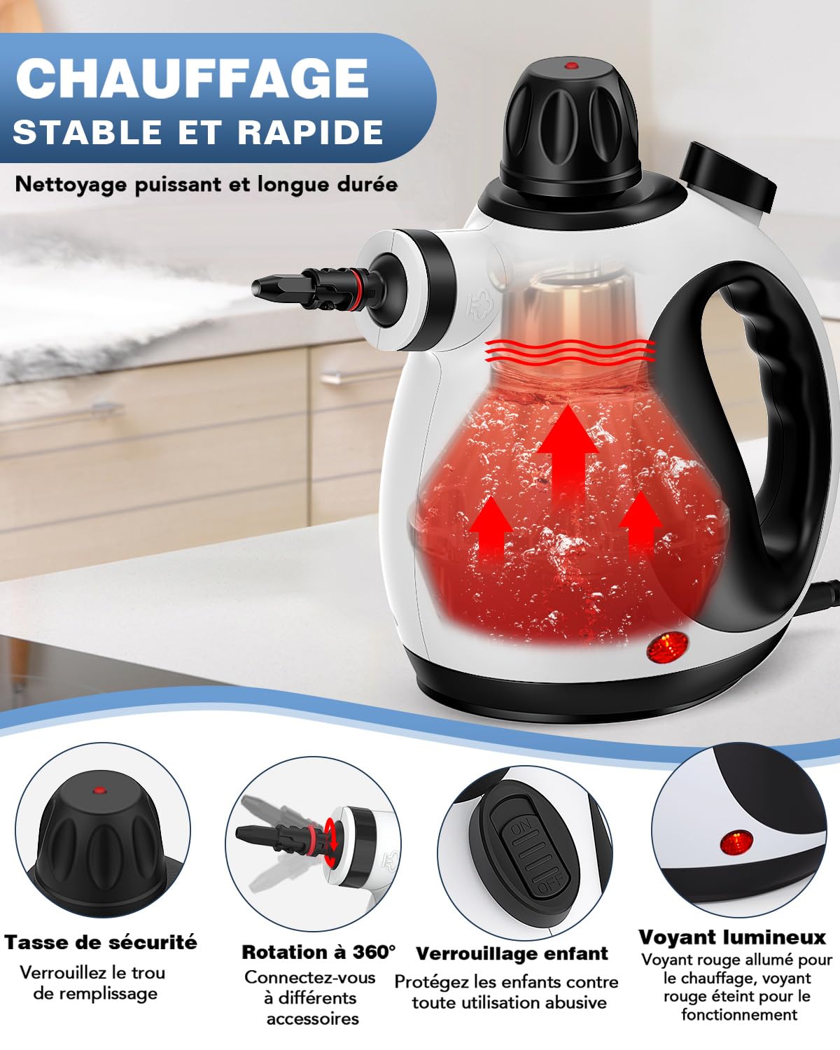 KLONA Nettoyeur à vapeur portatif, nettoyeur à vapeur multi-usage avec 10 accessoires pour tapis, rideaux, canapés, cuisines, salles de bains et bien plus encore.