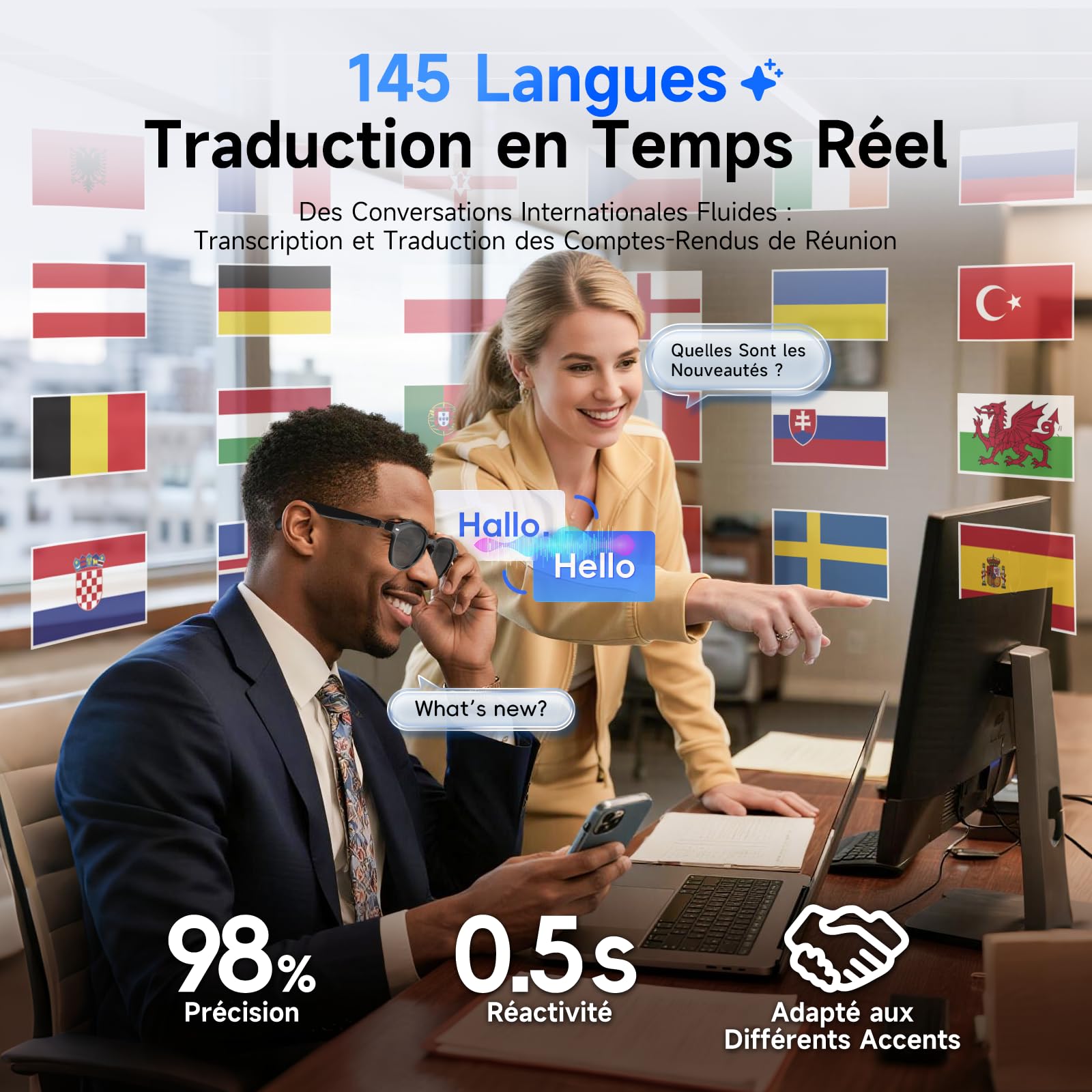 GetD Lunettes AI – Intelligence ChatGPT et Traduction instantanée par IA | Verres photochromiques. Traduction IA dans 145 langues. Appels mains libres. Audio immersif. Conversations avec l'IA