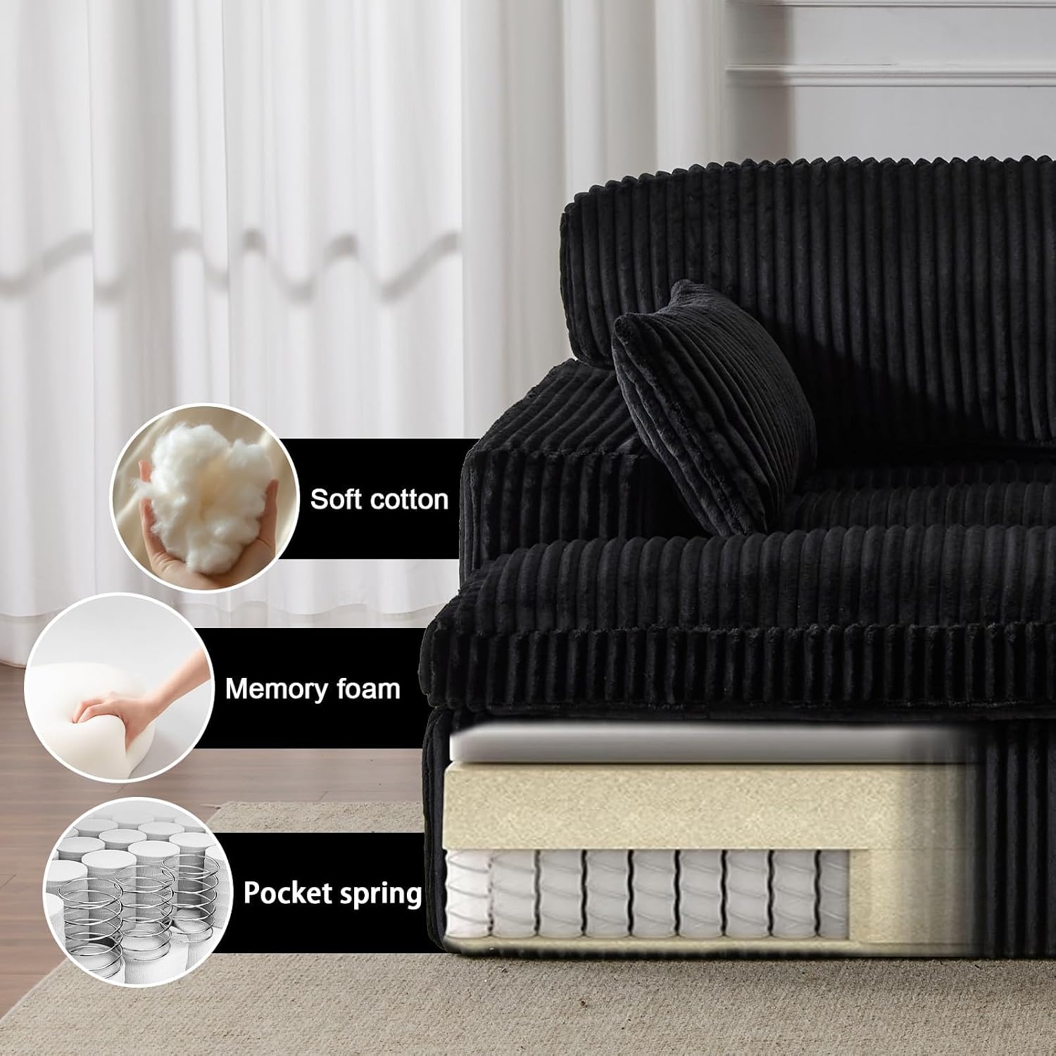 82"W Double Cozy Chaise Lounge Chair, Oversized Boneless Corduroy Upholstered Sleeper Sofa with Back Pillows and Wide Armrests, for Living Room, Bedroom, or Apartment, No Assembly Required, Black
