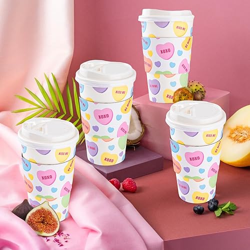 Miniatura 5 de Paquete de 48 tazas de café desechables para el día de San Valentín de 16 onzas con tapas y fundas para conversación con corazones para llevar,