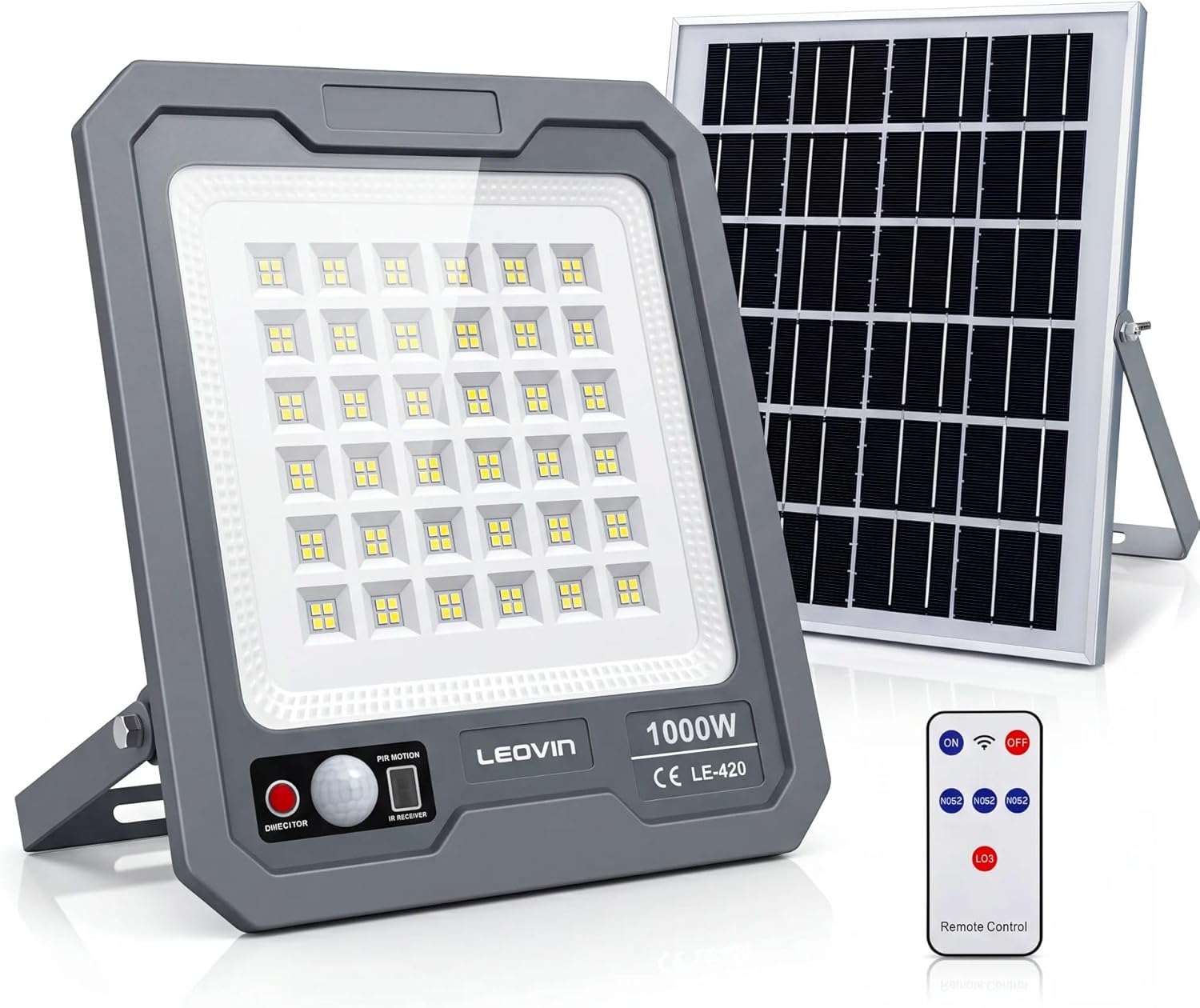 Generico Faretto Solare LED 1000W con Pannello Solare Esterno, Sensore di Movimento PIR, Telecomando, Batteria 5400mAh, 144 LED Alta Luminosità, Impermeabile IP66 per Giardino, Cortile, Garage