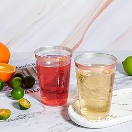 Vplus 150 Pack 12 OZ Reusable Rose Gold Rimmed Clear Plastic Cups, Disposable Heavy Duty Plastic Cups for Party, Christmas, Wedding, Thanksgiving, Halloween