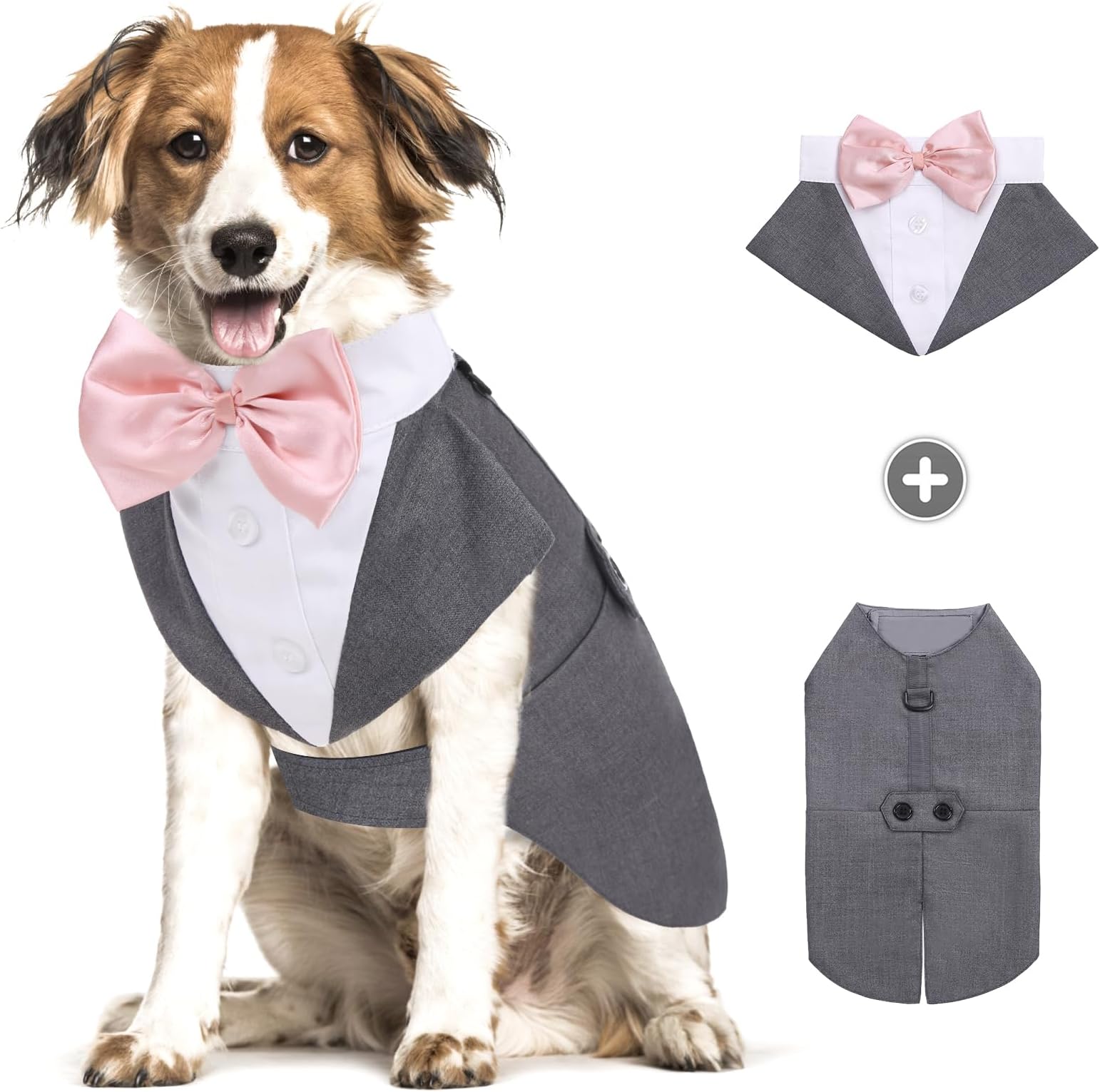 MIGOHIDog Tuxedo Dog Suit and Bandana Set, Dog Formal Costume Party Suit with Detachable Bowtie Collar for Halloween Christmas Wedding, Pet Gentle Bow Tie Shirt Vest for Small Medium Large Dogs