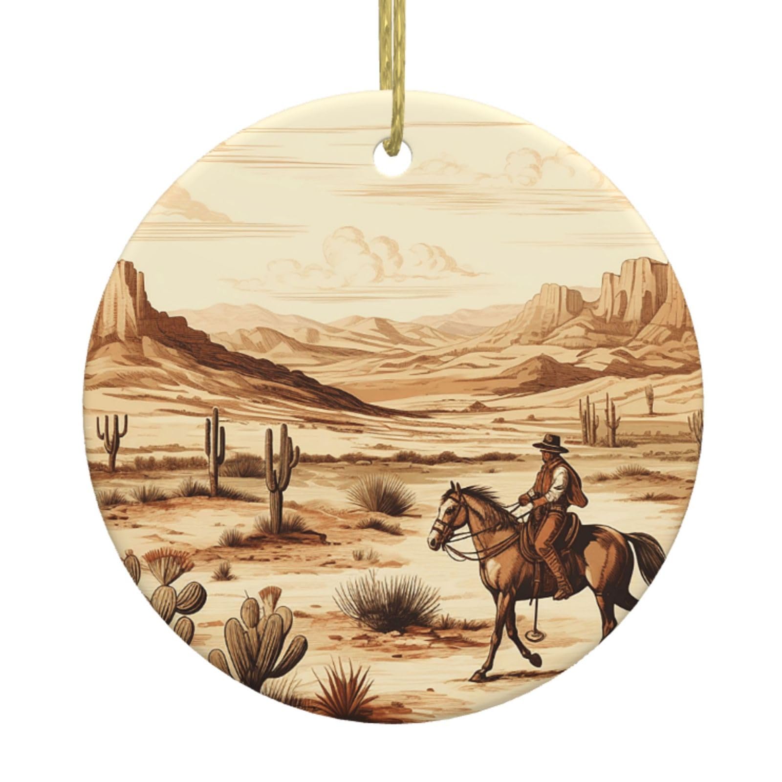 Fodpand Women's White West Desert Cactus With Cowboys Riding Horses Christmas Ornaments 2025, Gift Exchange For Men, Collectible Ceramic Ornament Round Hanging Ornaments For Christmas Tree Decoration