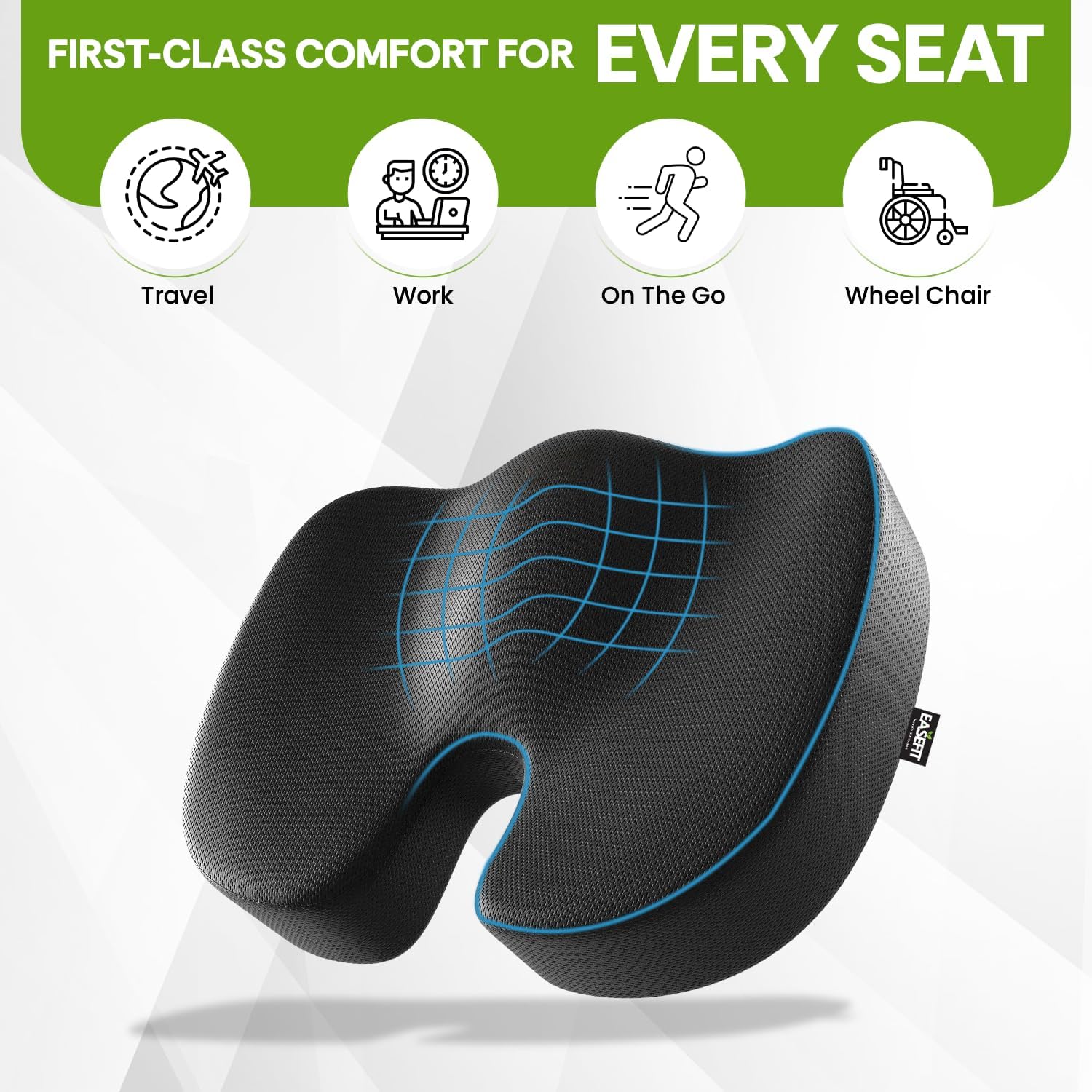 EASEFIT Orthopedic Coccyx Seat Cushion for Tailbone Pain | 2-Year Warranty | Memory Foam Pillow for BackPain Relief, Sciatica, Office Chair Sitting, Car & Home | Made in India (Universal, Mesh Black) 2