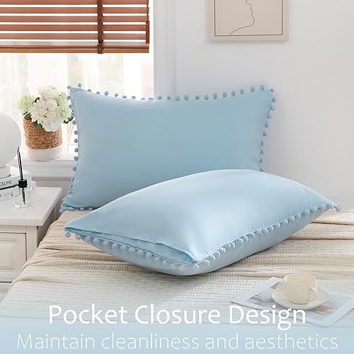 Miniatura 199 de Blue Body Pillow Cover Shabby Chic Long Pillow Case Cover Navy Blue Pom Poms Fringe Body Pillow case with Pocket Closure 20x54 inches(Body,Navy Blue)