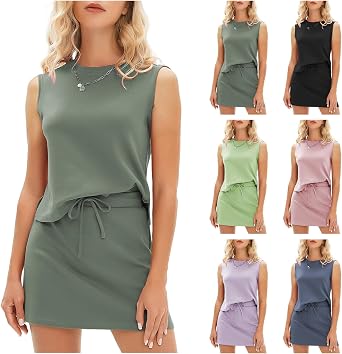 Womens 2 Piece Outfits Short Skirt Sets Tennis and Crew Neck Sleeveless Top Lounge Sets Matching Sweatsuits