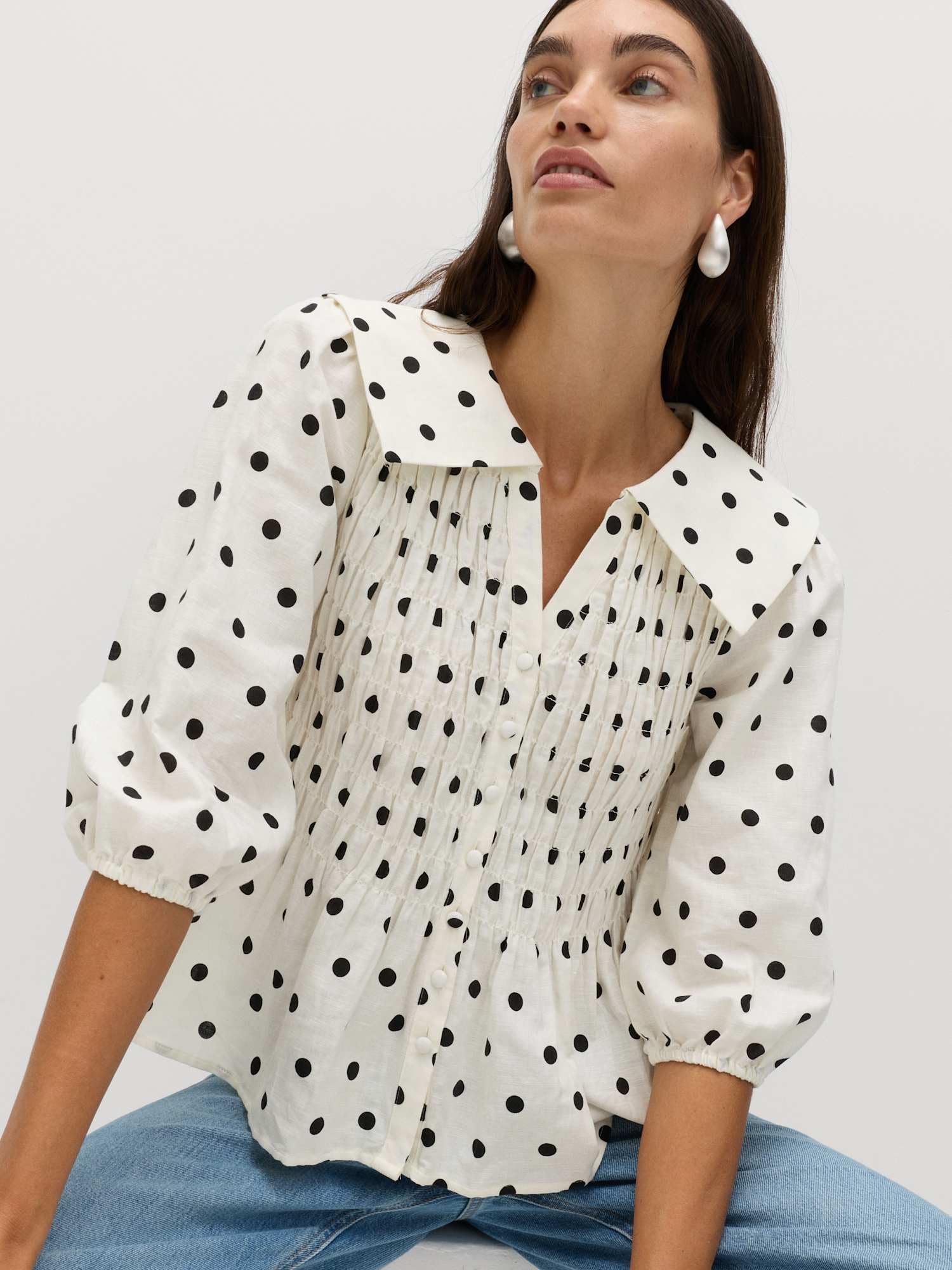 Marks & Spencer Donna Ricco di Lino a Pois Arricciato Camicetta – Aderente – Orlo Peplum – Maniche Corte