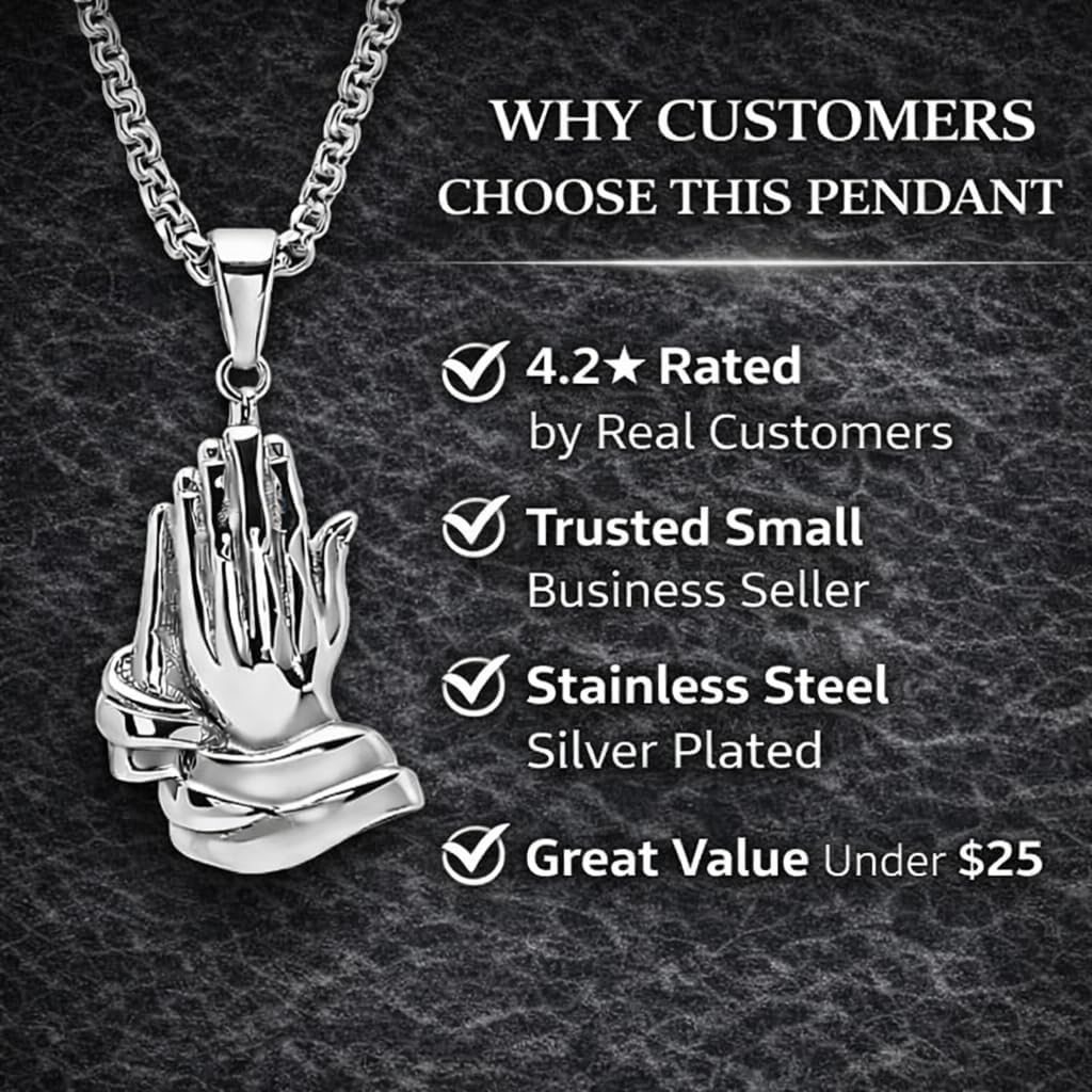 Steeltime 18K Plated Stainless Steel Praying Hands Pendant with 24" Inch Box Chain Necklace | Serenity prayer necklace | Religious Necklace for Men & Women | Silver - Image 4