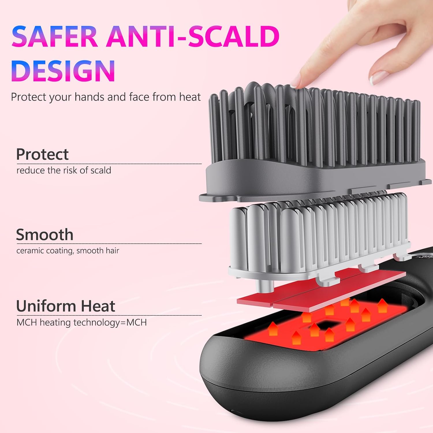 LCD Screen Cordless Hair Straightener Curler 2 in 1, Portable Mini Hair Straightening Brush for Travel Negative Ionic Fast Heating Hot Comb for Women, Folding Brush with Mirror, Black - Image 7