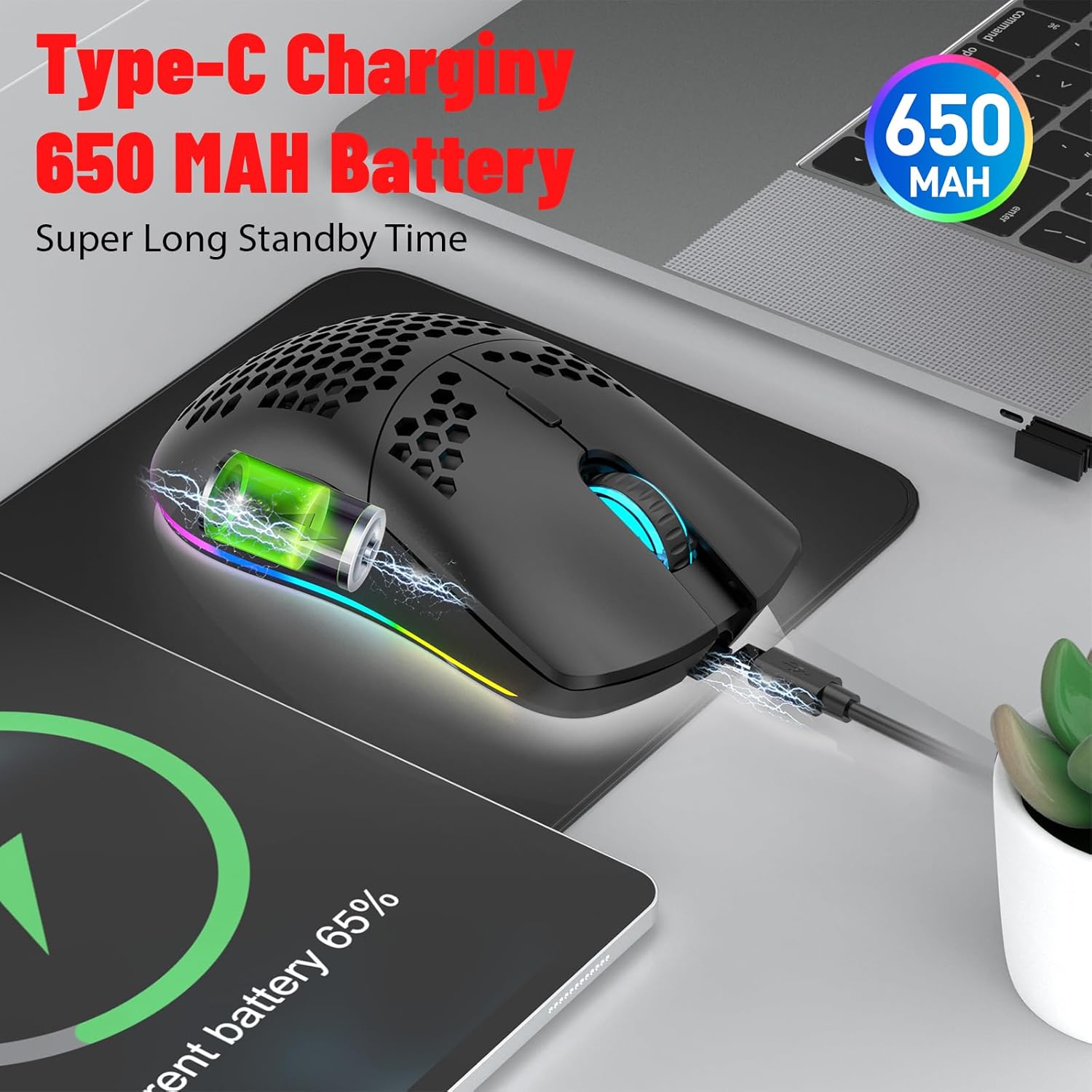 Attoe Wireless Gaming Mouse being charged via Type-C cable
