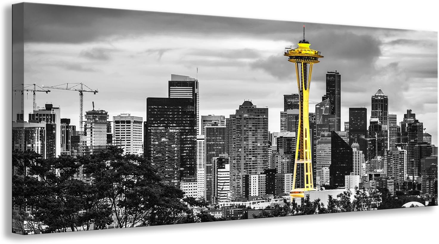KLVOS Seattle Skyline Prints Wall Art Black White and Yellow Seattle City Canvas Picture Space Needle Poster Painting Home Office Living Room Decoration Framed