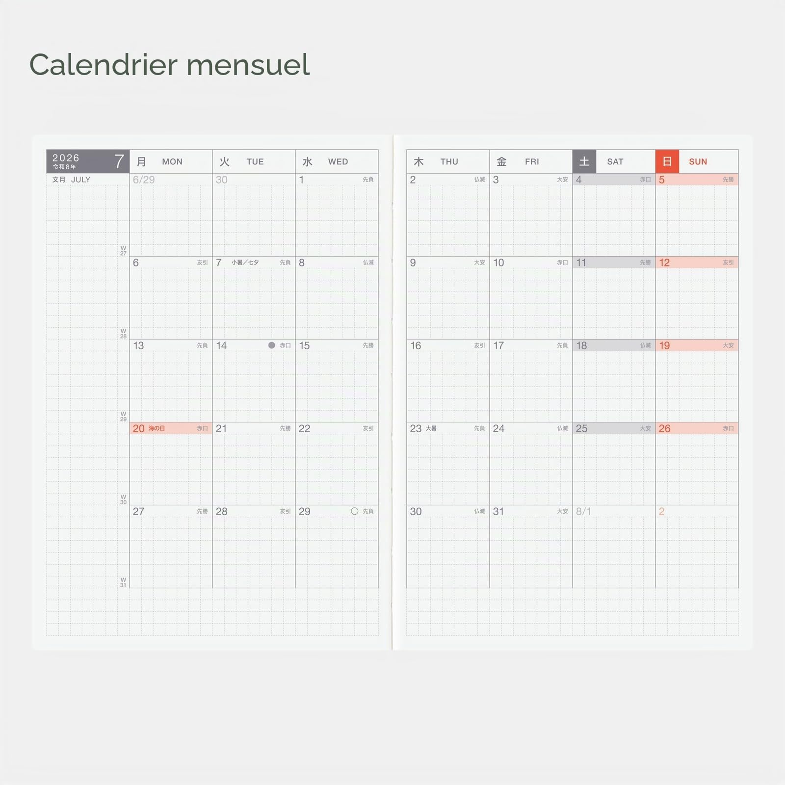 Hobonichi Techo Livre journalier 2026 – A6, japonais, mensuel, début janvier, début du lundi
