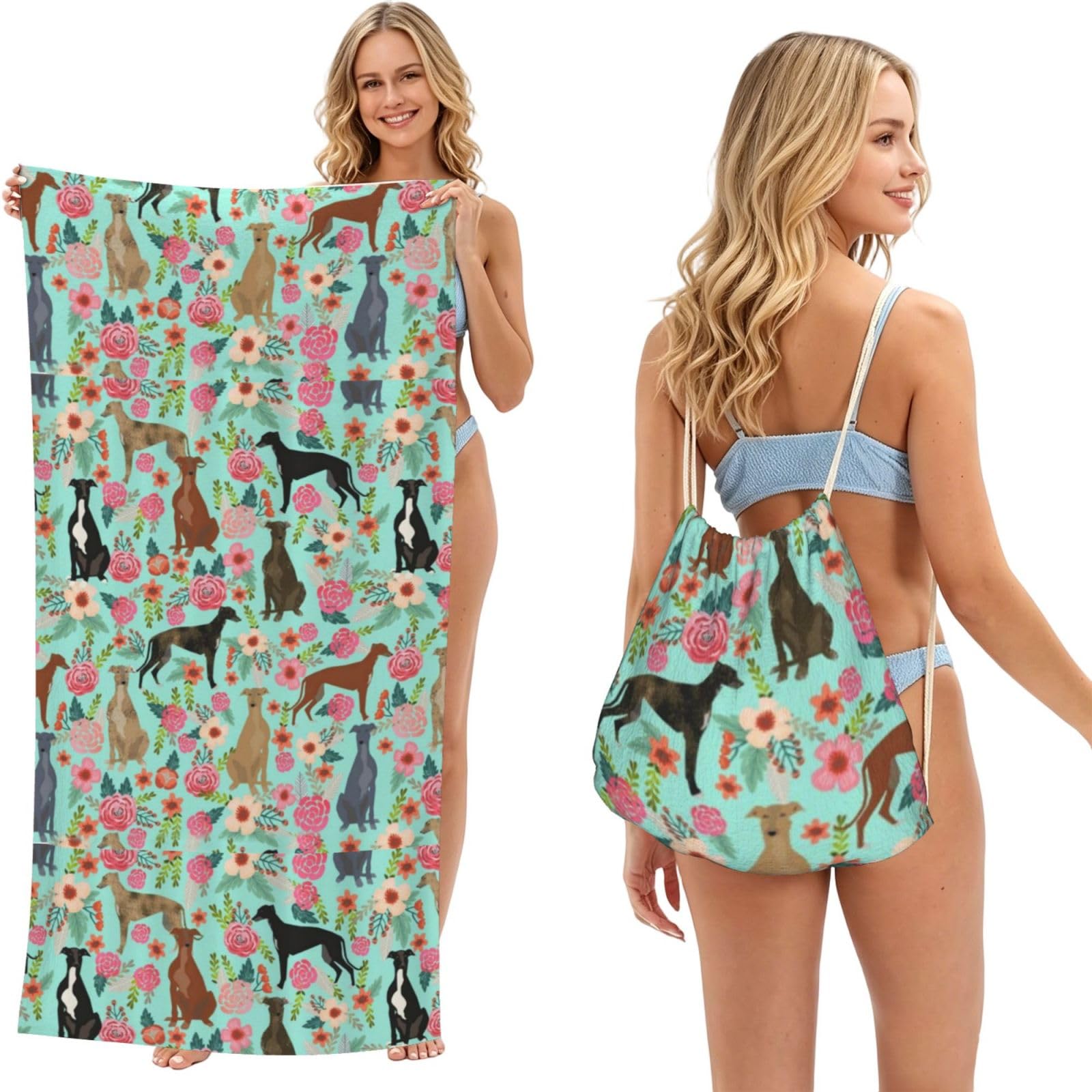 Poadnly As Picture Greyhounds Florals, 2 In 1 Packable Towel Bag, Beach Towels With Drawstring Backpack For Travel Holiday Camping