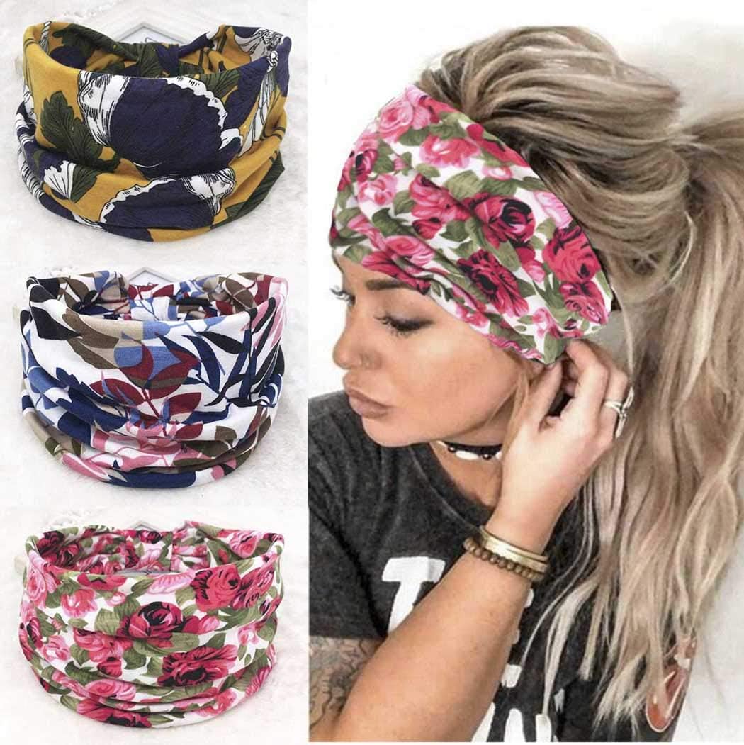 GangelBoho Criss Cross Headbands Twisted Floral Printed Hairbands Elastic Cotton Stretch Wide Head Wrap Knotted Hair Scarfs Fashion Hair Accessories for Women and Girls(Pack of 3) (bright)