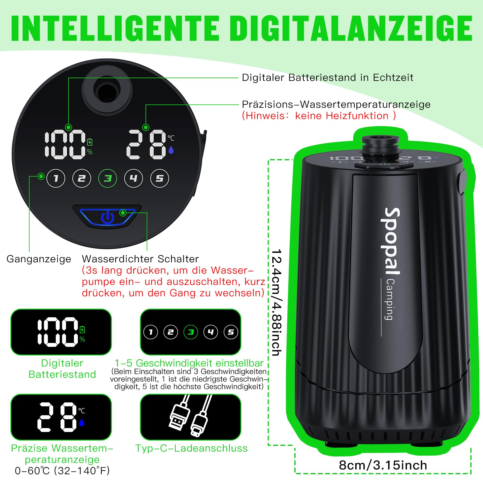 Spopal Camping Dusche, [10000mAh] Campingdusche Tragbare mit 20L Klappbarer Eimer, Camping Dusche Akku, Camping Dusche Outdoor Set mit Duschkopf und 2m Schlauch für Garten, Strand, Autowaschen, Hausti