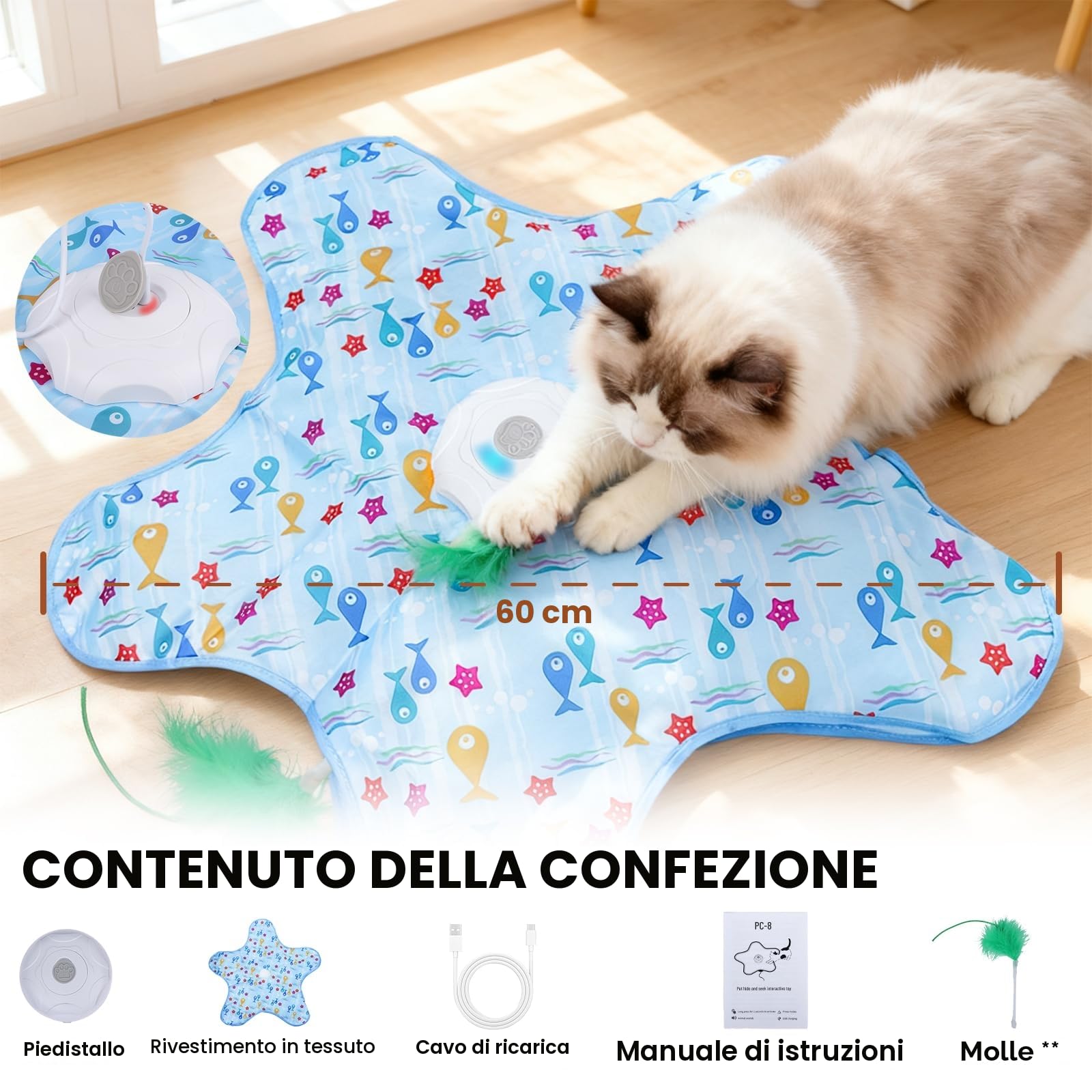 FIVAVA Giocattolo Interattivo per Gatti, Giocattolo per Gatti Ricaricabile e Silenzioso, Giochi per Gatti da Caccia con 3 Piume Sostituibili