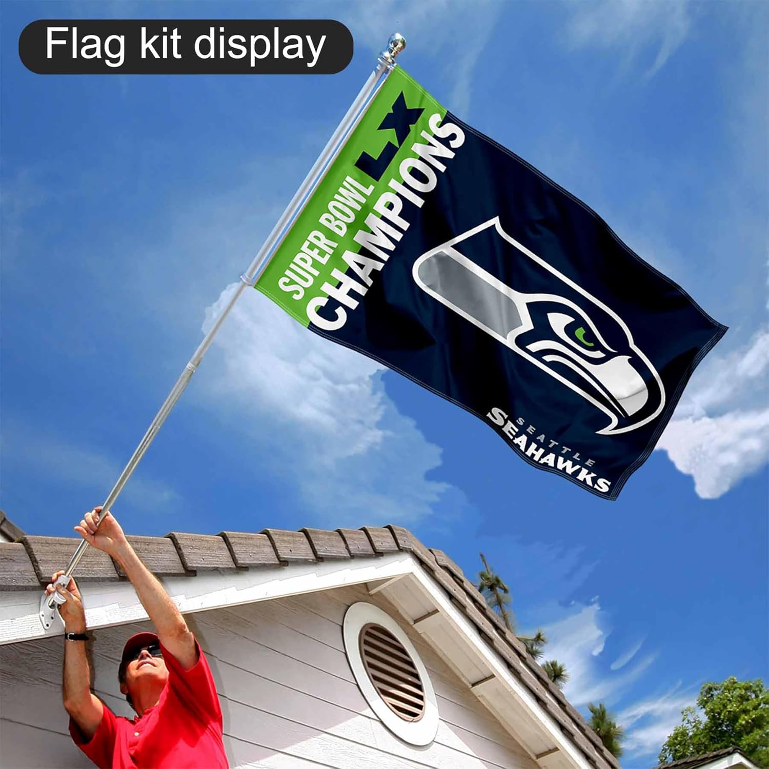 Seattle Seahawks Super Bowl LX Champions Flag Pole and Bracket Mount Kit