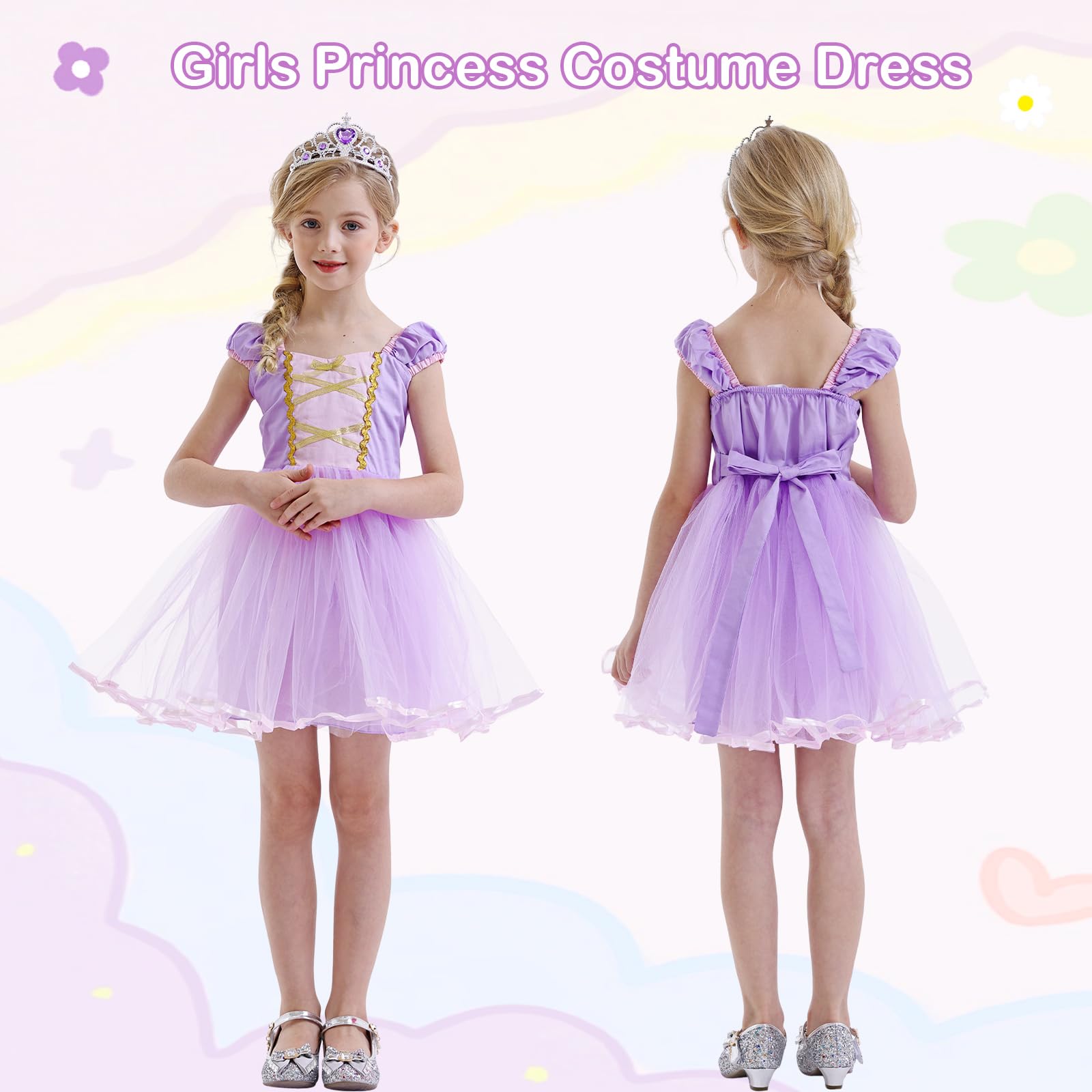 Berich Princess Purple Dress with 3PCS Princess Costumes for Girls Halloween Outfit Christmas Gifts World Book Day Costumes for Girls Dress 5-6 Years(Purple,140) - Image 4