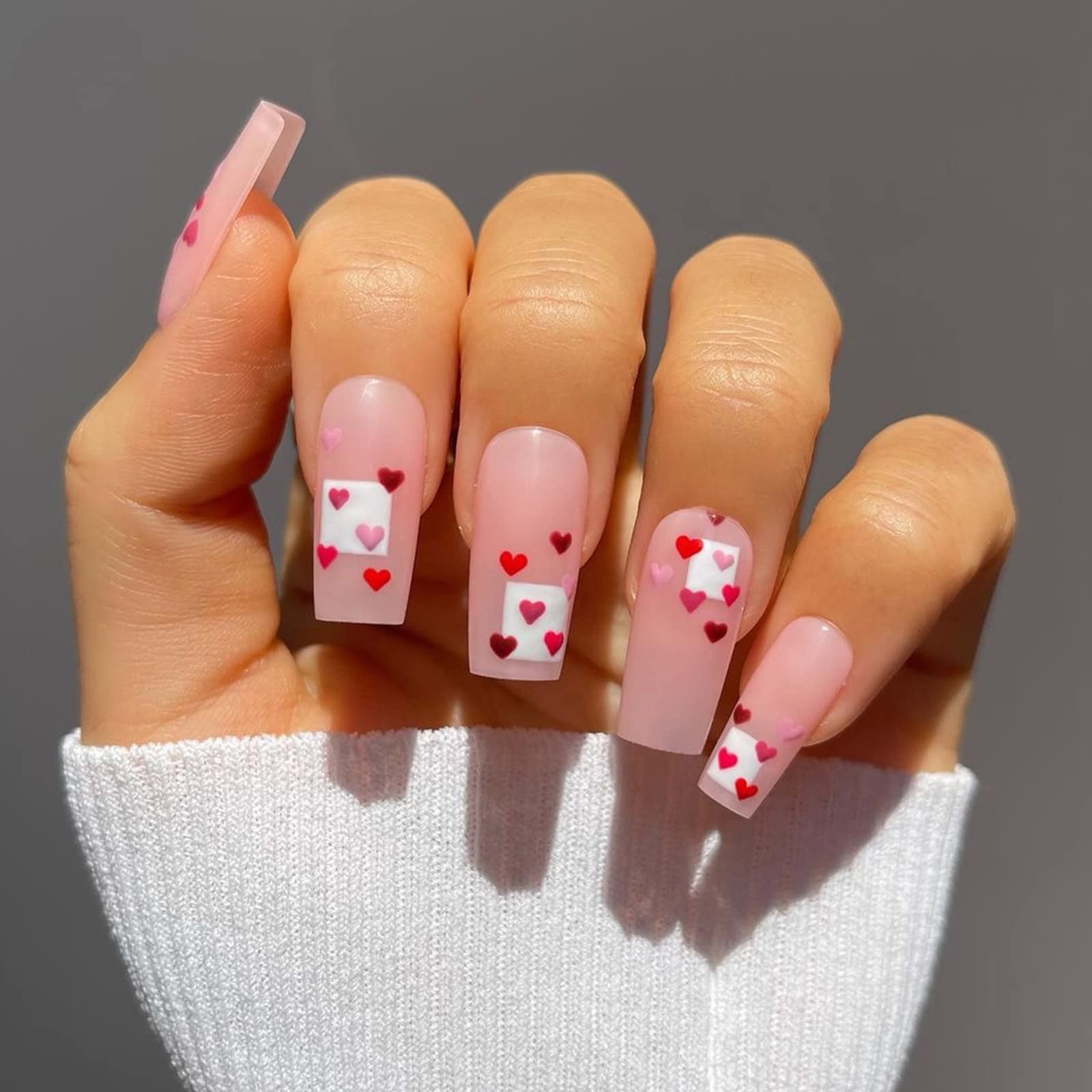 Amazon.com: Press on Nails 24 PCS Suqare Coffin Fake Nails Glue on Nails  for Women Girls Teens with Glue Sticker and Nails File Pink False Nails  Sweet Red Hearts : Beauty &