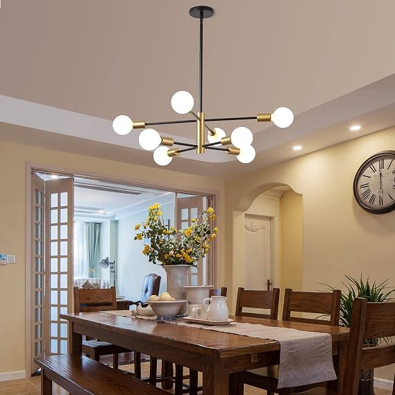 Modern Sputnik Chandelier,KAISITE Black and Gold Chandelier,Mid Century Pendant Light LED Pendant Lighting Gold Chandeliers Ceiling Light Fixture for Kitchen Dining Room Living Room Bedroom.8-Lights