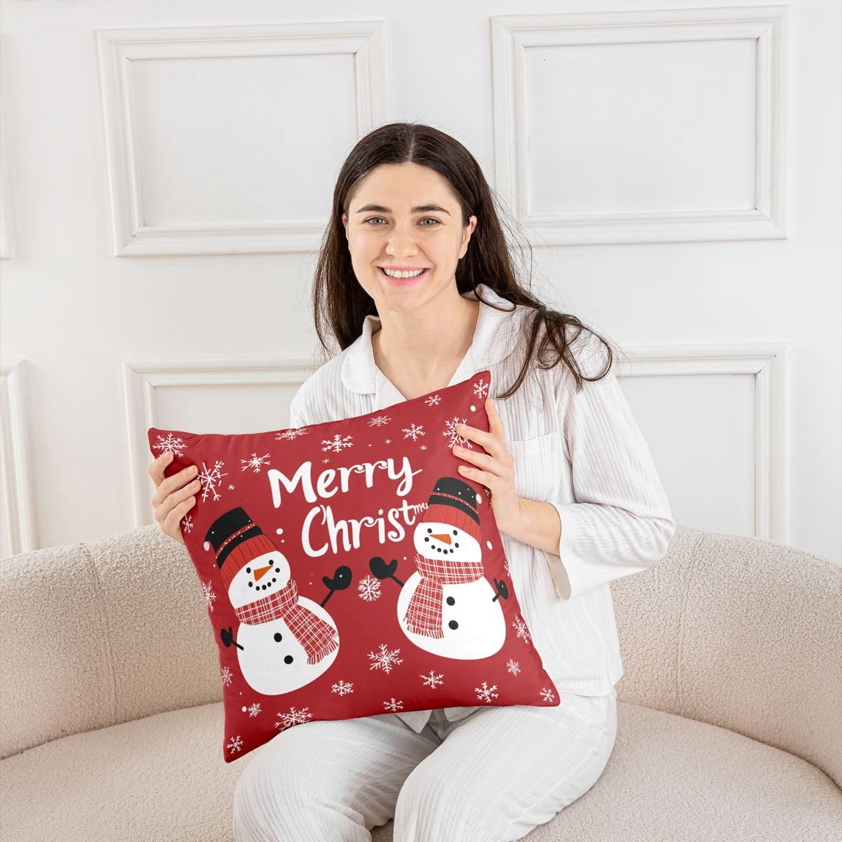 Homewish Confezione da 4 federe per cuscino a tema natalizio per bambini | Kawaii - Federa per cuscino con pupazzo di neve, motivo natalizio, colore: rosso