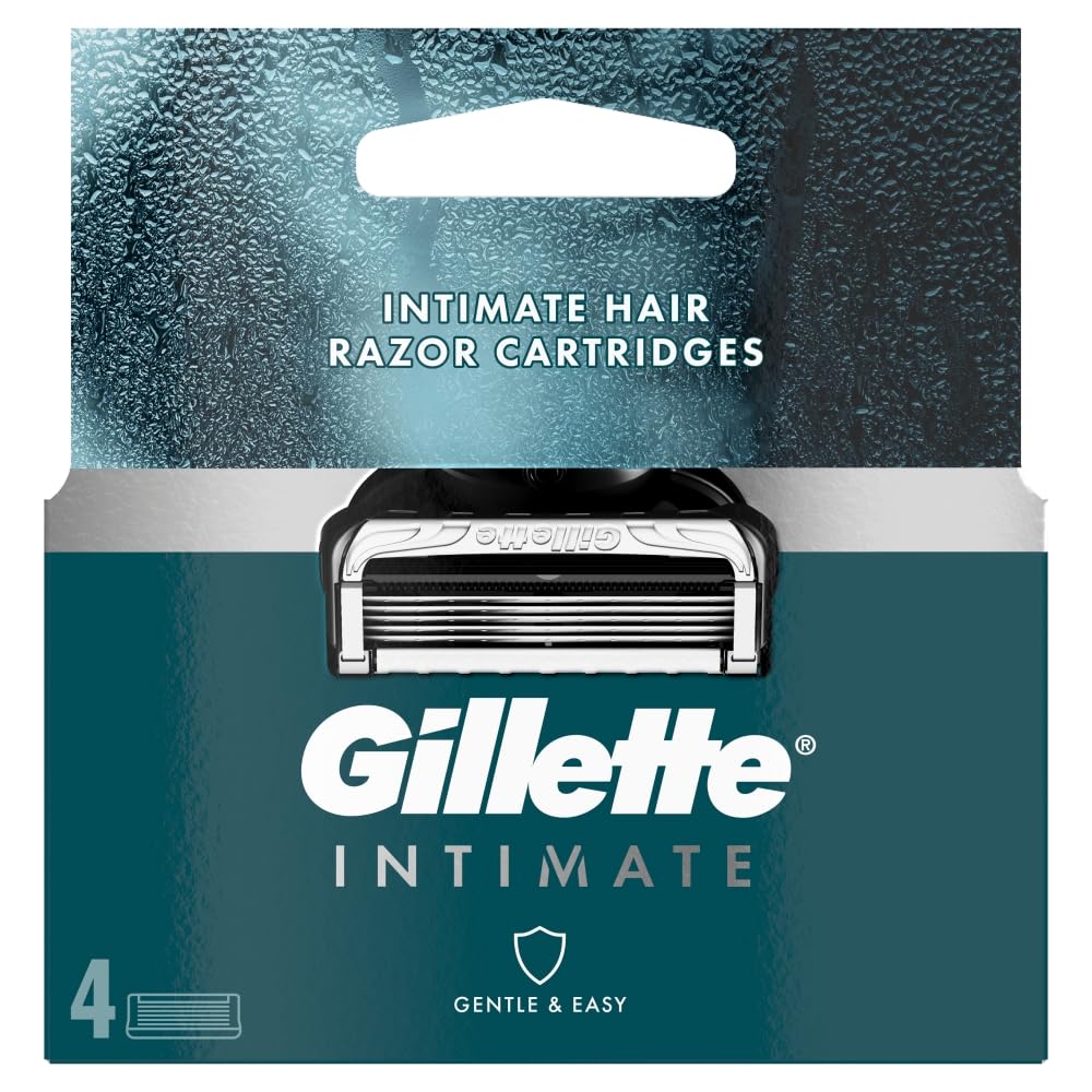 Gillette Body and Intimate Razor Blades Men, 4 Razor Blade Refills with Lubrastrip, Formulated for Pubic Hair, Gentle and Easy to Use, Dermatologist Tested