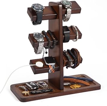 Watch Stand for Men, Watch Display Stand with Charger Groove, Wooden Watch Holder Stand, Jewelry Holder Organizer for Rings, Jewelry, Coins Bracelets, Great Gifts for Men Women, Brown