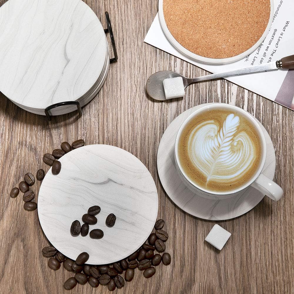 Best Review Funria Absorbent Coasters for Drinks Ceramic Marble Style Coasters with Holder and Cork Base Set of 6 Unique Housewarming Gift for Men and Women Stone Coasters