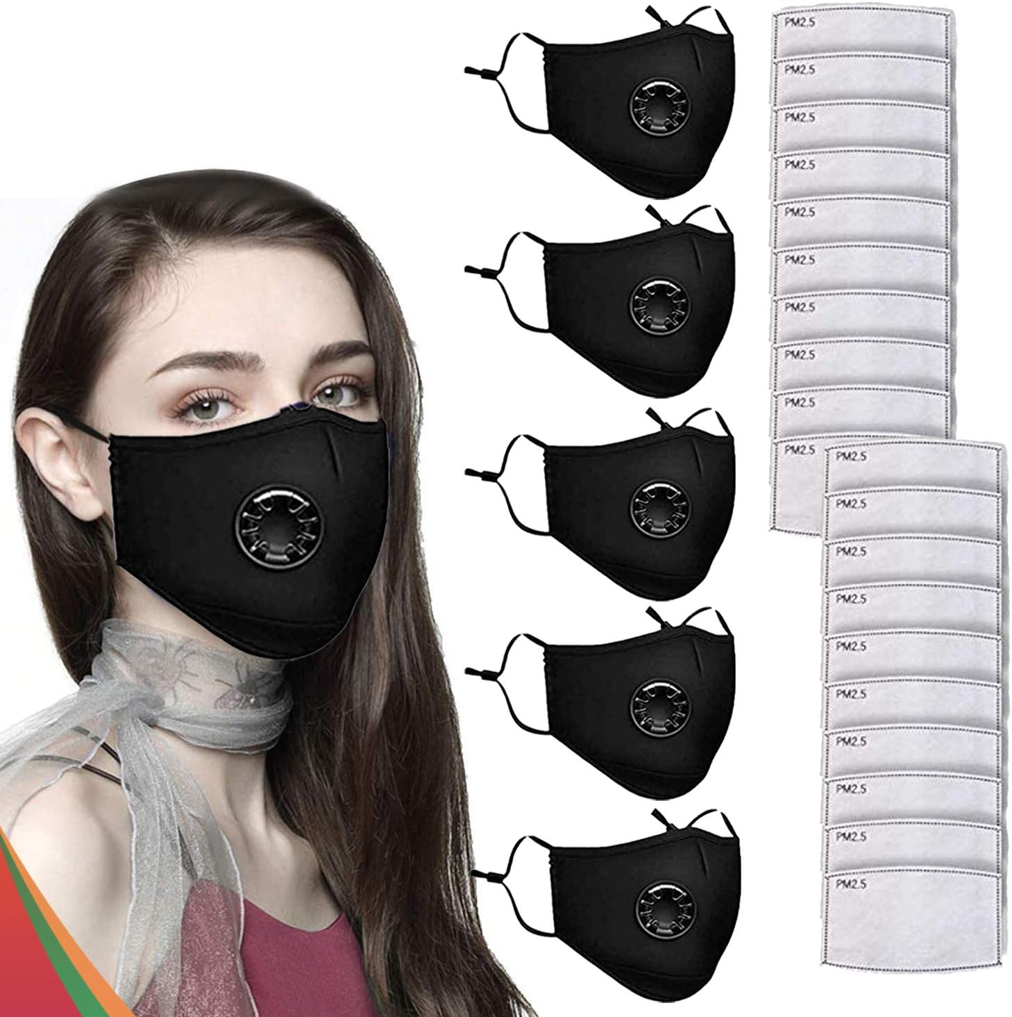 5 Black Face Mask With 20 Air Filters Cotton - Reusable - Washable - Face Mouth Cover with Flexible Bands (5 Black Masks + 20 Filters)