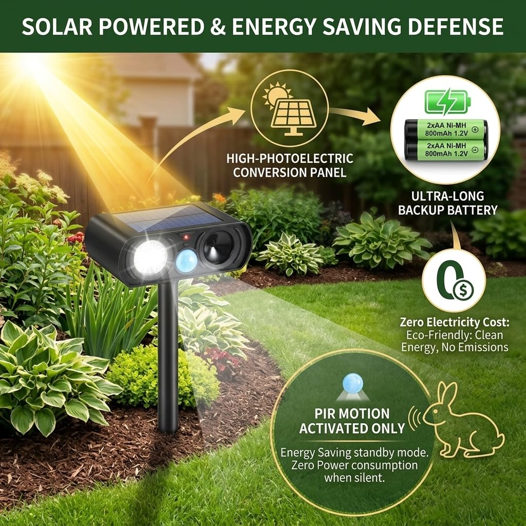 Sonic Fortress Pro 2026 Dispositivi repellenti per cervi per piante, confezione da 4 repellenti per gatti selvatici, ad ultrasuoni, ad energia solare, con sensore di movimento e luce flash, procioni