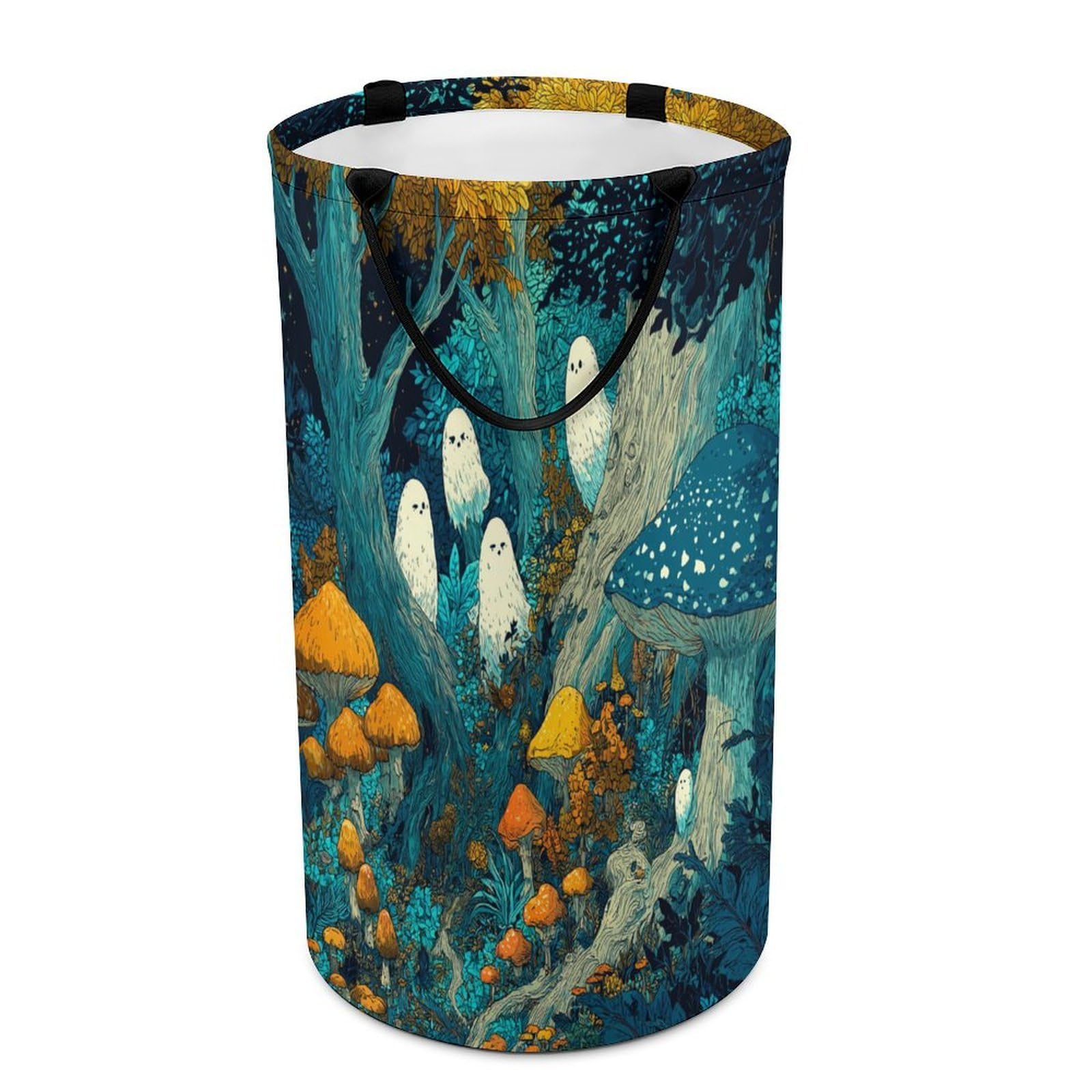 LUYYSKY Vintage Rustic Cute Ghost Collapsible Dirty Clothes Basket, Modern Art Halloween Mushroom Forest Ghost Pattern Portable Clothes Storage Basket