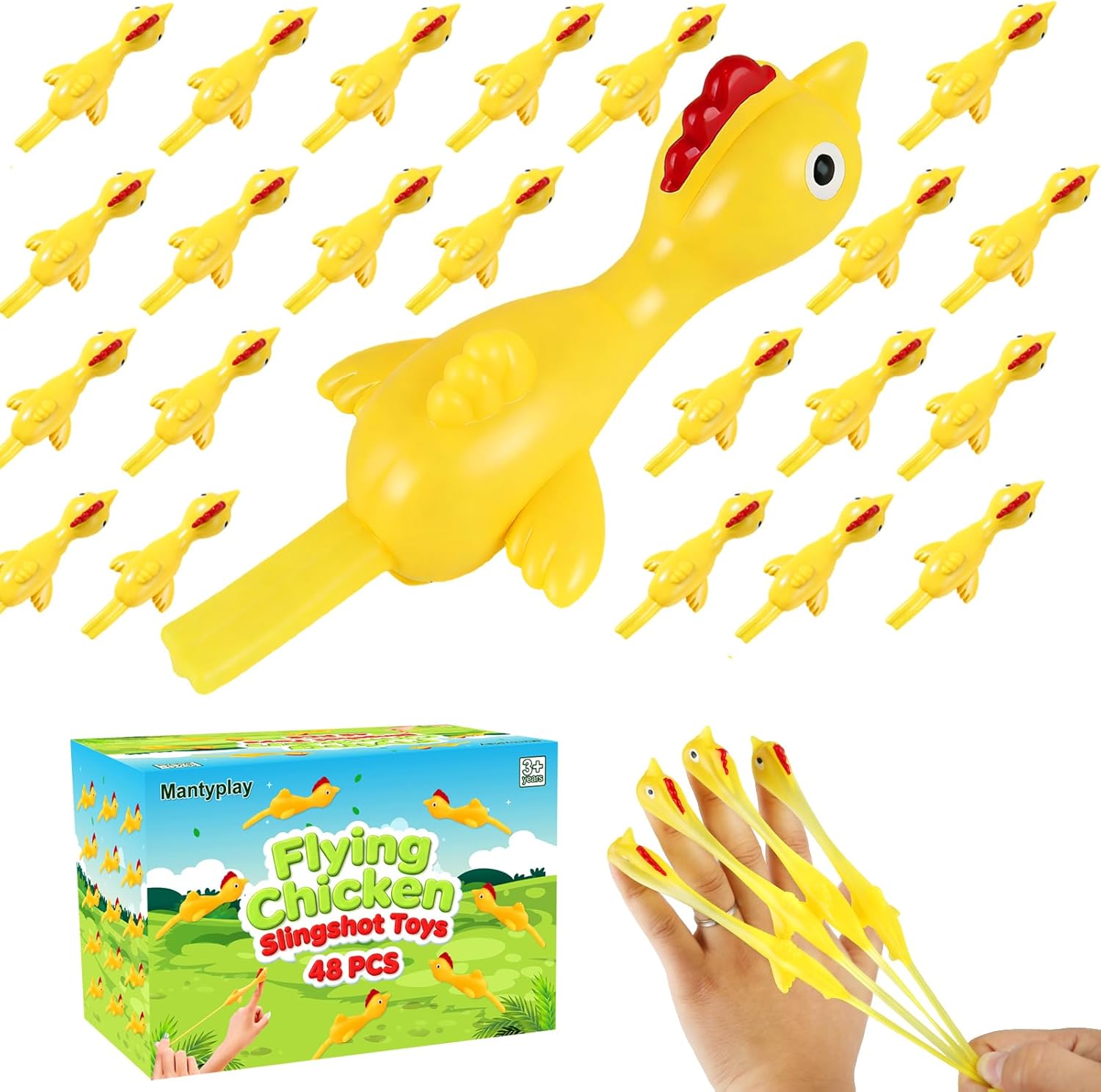 Mantyplay 48 Pcs Slingshot Rubber Chicken Finger Toys, Funny Gag Gifts for Kids Party Favors, Sticky Rubber Chicken Fidget Toys, Treasure Box Toys Classroom Prizes for Boys Girls